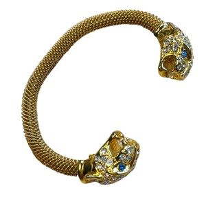 Gold Plated Vintage Rhinestone Panther cuff  Bracelet appx 3”